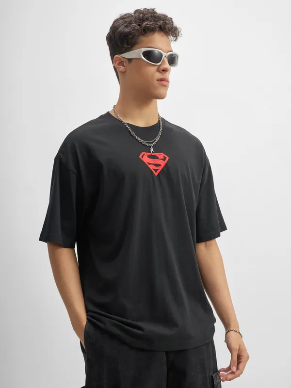 DC By Highlander Men Black Superman Printed Round Neck Oversized Fit T-Shirt