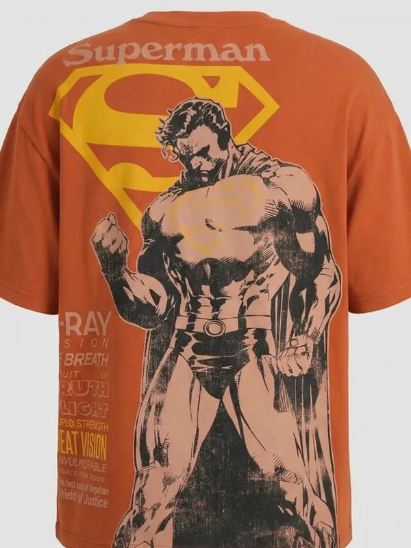 DC By Highlander Men Orange Superman Printed Round Neck Oversized Fit T-Shirt