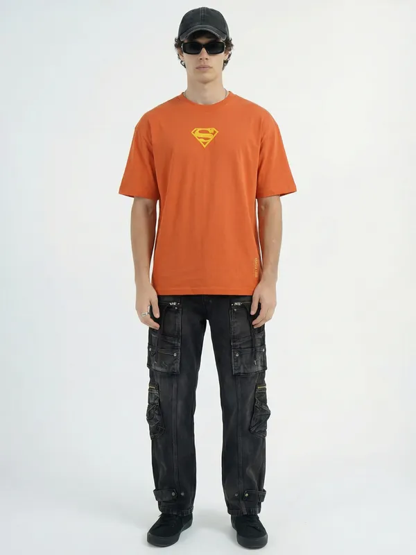 DC By Highlander Men Orange Superman Printed Round Neck Oversized Fit T-Shirt