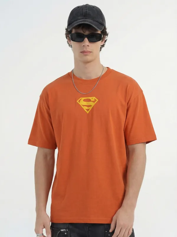 DC By Highlander Men Orange Superman Printed Round Neck Oversized Fit T-Shirt