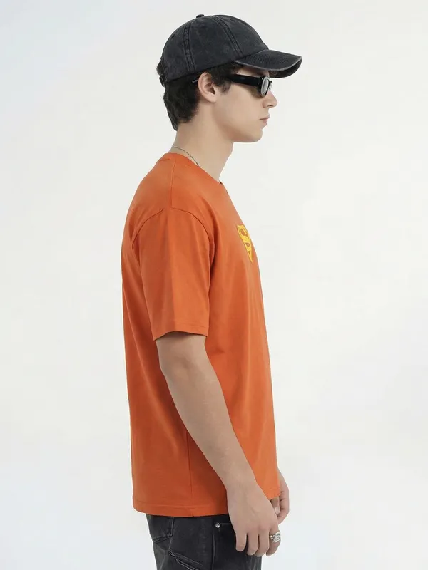 DC By Highlander Men Orange Superman Printed Round Neck Oversized Fit T-Shirt