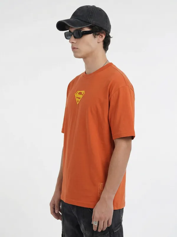 DC By Highlander Men Orange Superman Printed Round Neck Oversized Fit T-Shirt