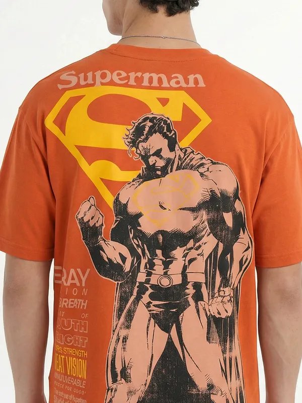 DC By Highlander Men Orange Superman Printed Round Neck Oversized Fit T-Shirt