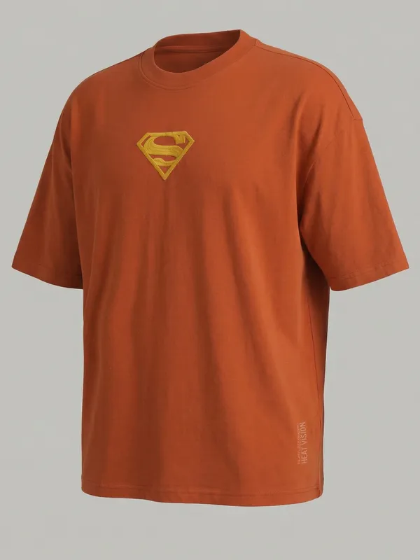 DC By Highlander Men Orange Superman Printed Round Neck Oversized Fit T-Shirt