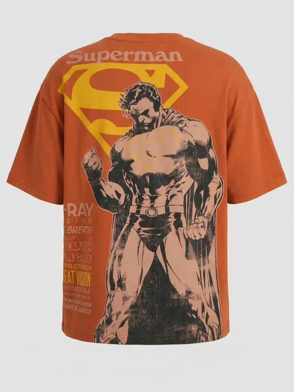 DC By Highlander Men Orange Superman Printed Round Neck Oversized Fit T-Shirt