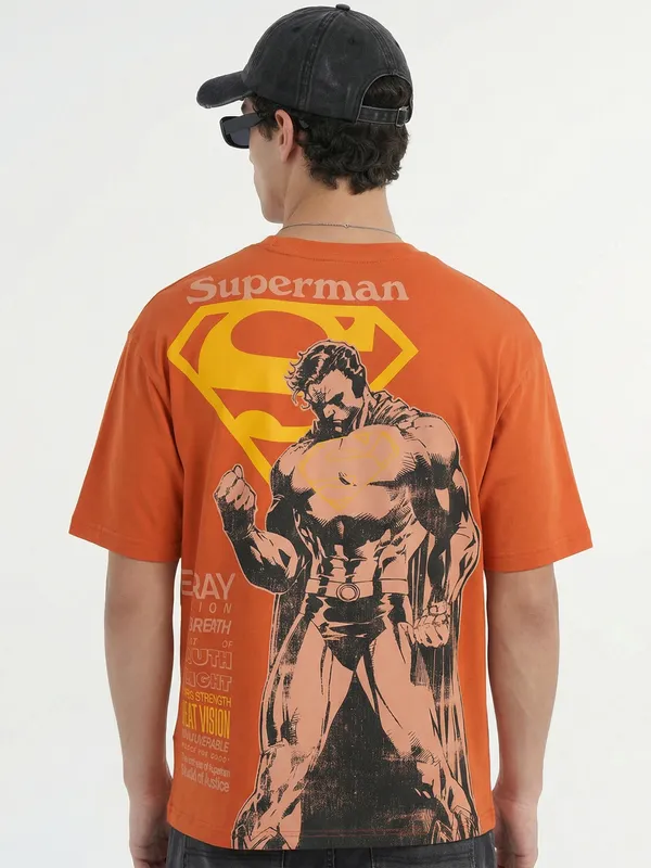 DC By Highlander Men Orange Superman Printed Round Neck Oversized Fit T-Shirt