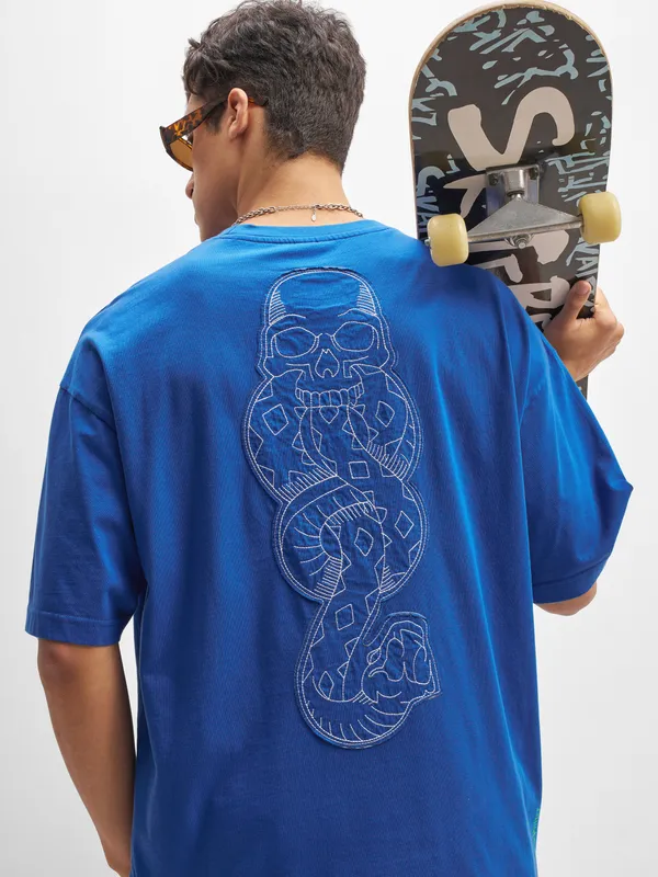 WB By Highlander Men Blue Harry Potter Embroidered Round Neck Oversized Fit T-Shirt