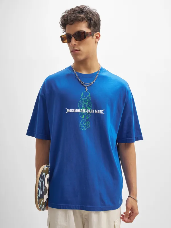 WB By Highlander Men Blue Harry Potter Embroidered Round Neck Oversized Fit T-Shirt