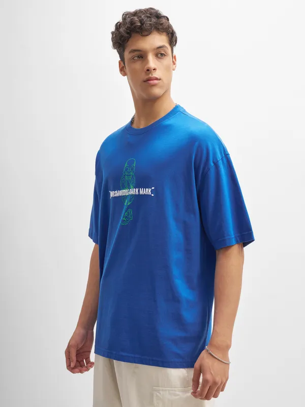 WB By Highlander Men Blue Harry Potter Embroidered Round Neck Oversized Fit T-Shirt