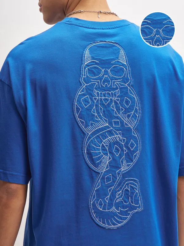 WB By Highlander Men Blue Harry Potter Embroidered Round Neck Oversized Fit T-Shirt