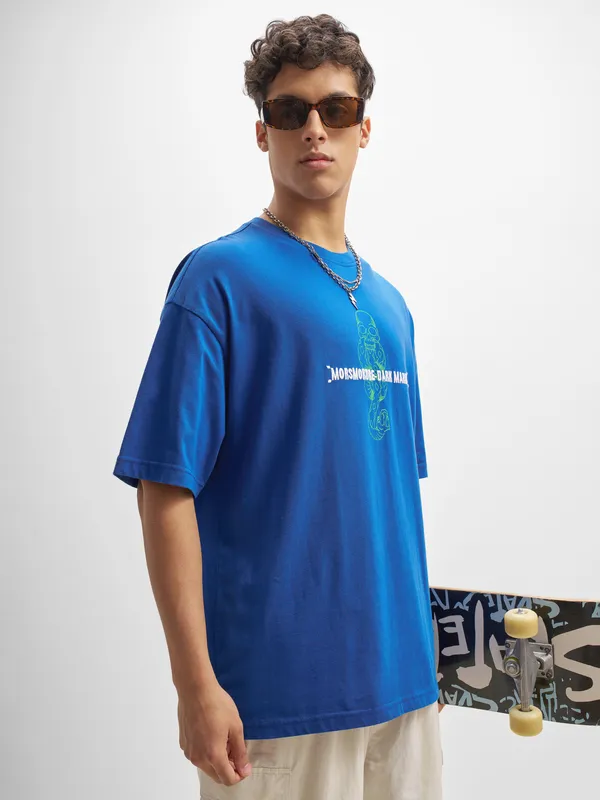 WB By Highlander Men Blue Harry Potter Embroidered Round Neck Oversized Fit T-Shirt