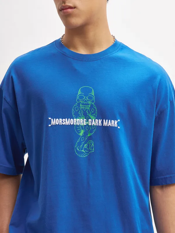 WB By Highlander Men Blue Harry Potter Embroidered Round Neck Oversized Fit T-Shirt