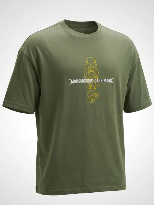 WB By Highlander Men Olive Harry Potter Embroidered Round Neck Oversized Fit T-Shirt