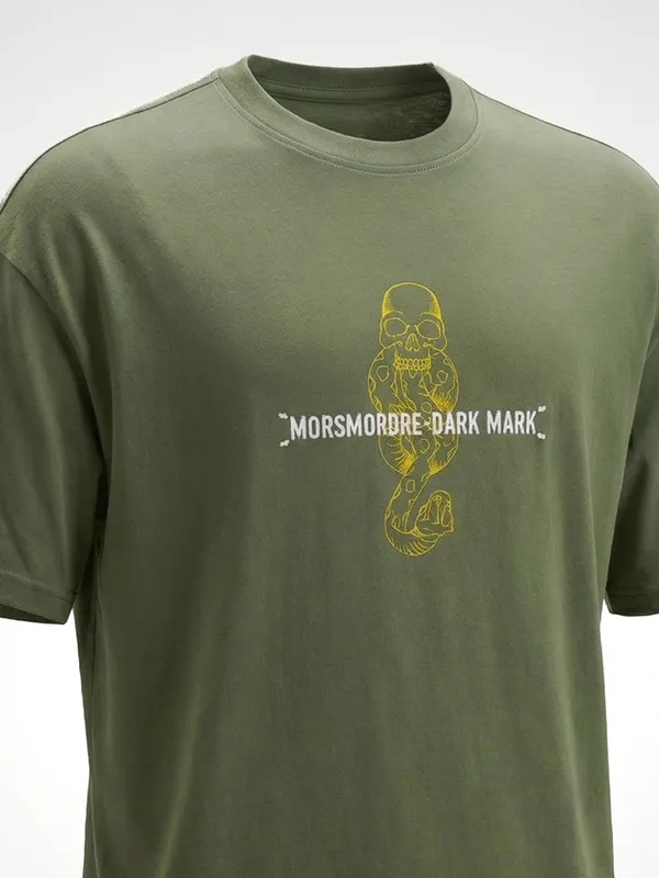 WB By Highlander Men Olive Harry Potter Embroidered Round Neck Oversized Fit T-Shirt