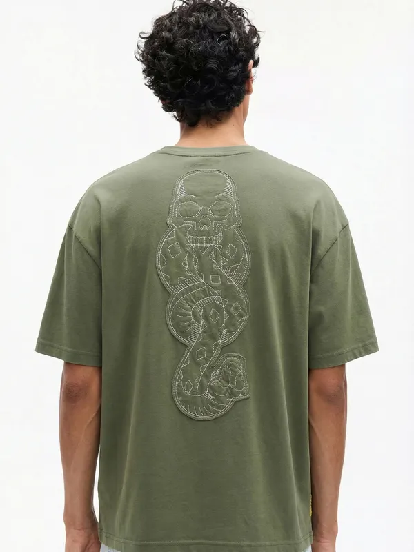 WB By Highlander Men Olive Harry Potter Embroidered Round Neck Oversized Fit T-Shirt