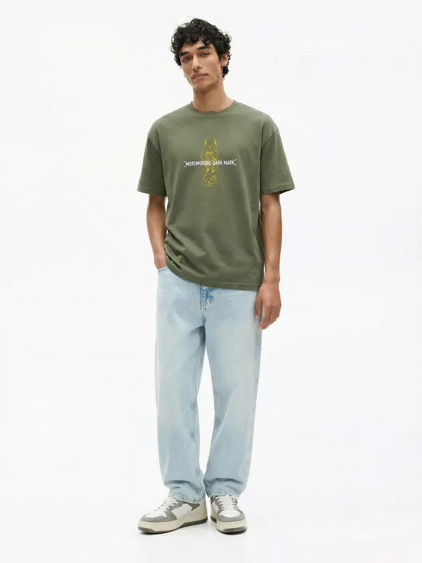 WB By Highlander Men Olive Harry Potter Embroidered Round Neck Oversized Fit T-Shirt