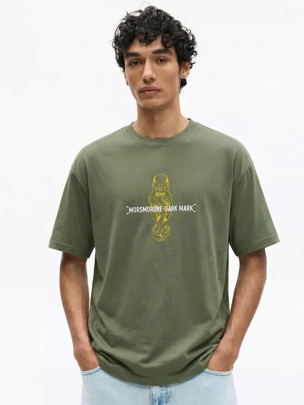 WB By Highlander Men Olive Harry Potter Embroidered Round Neck Oversized Fit T-Shirt