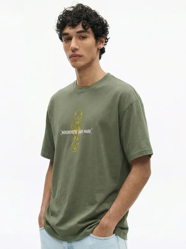 WB By Highlander Men Olive Harry Potter Embroidered Round Neck Oversized Fit T-Shirt