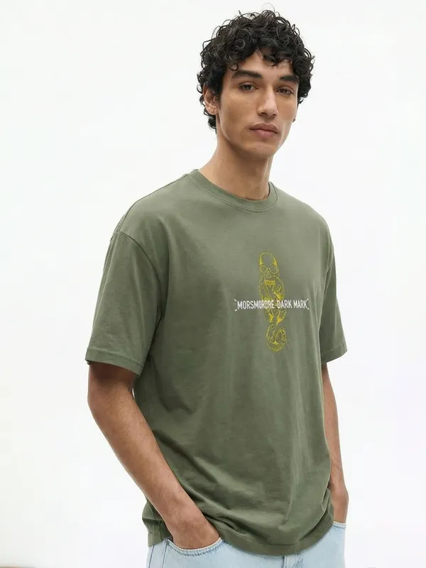 WB By Highlander Men Olive Harry Potter Embroidered Round Neck Oversized Fit T-Shirt