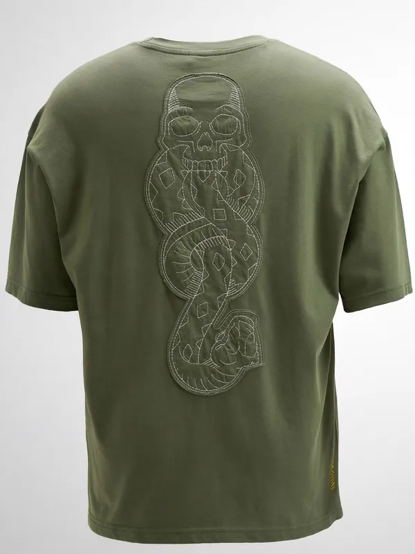 WB By Highlander Men Olive Harry Potter Embroidered Round Neck Oversized Fit T-Shirt