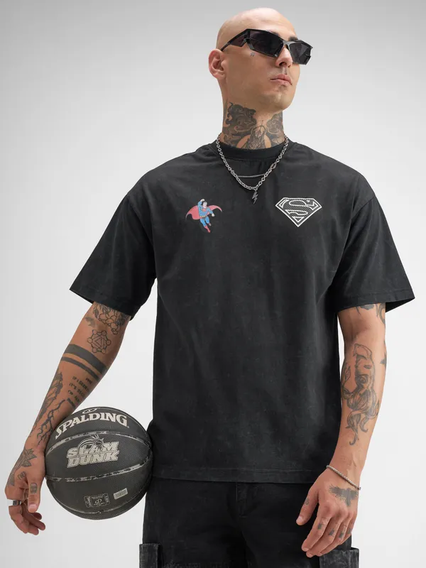 Dc By Highlander Men Black Printed Round Neck Oversized Fit T-Shirt