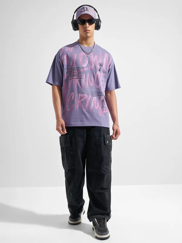 WB By Highlander Men Purple Joker Printed Round Neck Oversized Fit T-Shirt