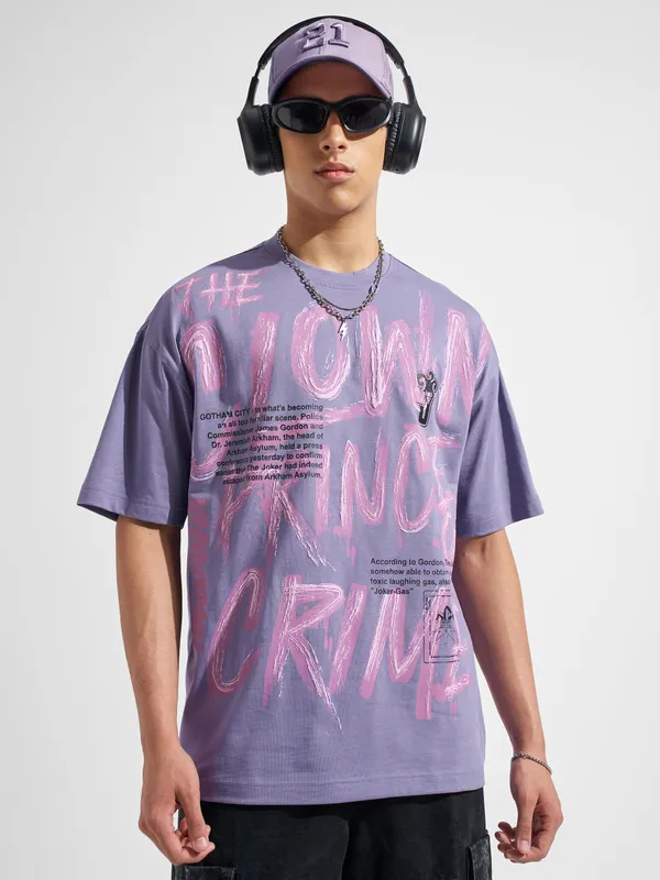 WB By Highlander Men Purple Joker Printed Round Neck Oversized Fit T-Shirt
