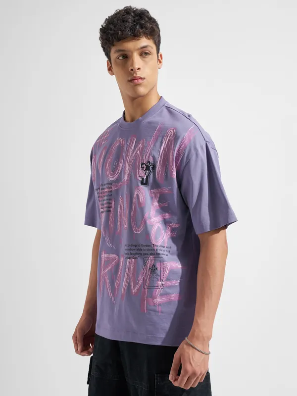 WB By Highlander Men Purple Joker Printed Round Neck Oversized Fit T-Shirt