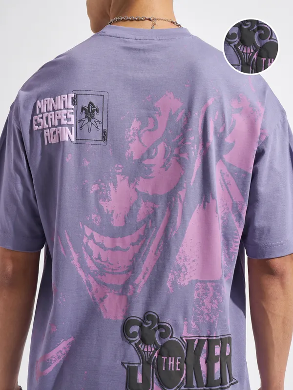 WB By Highlander Men Purple Joker Printed Round Neck Oversized Fit T-Shirt