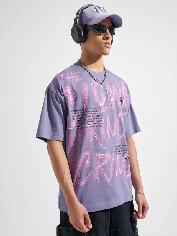WB By Highlander Men Purple Joker Printed Round Neck Oversized Fit T-Shirt