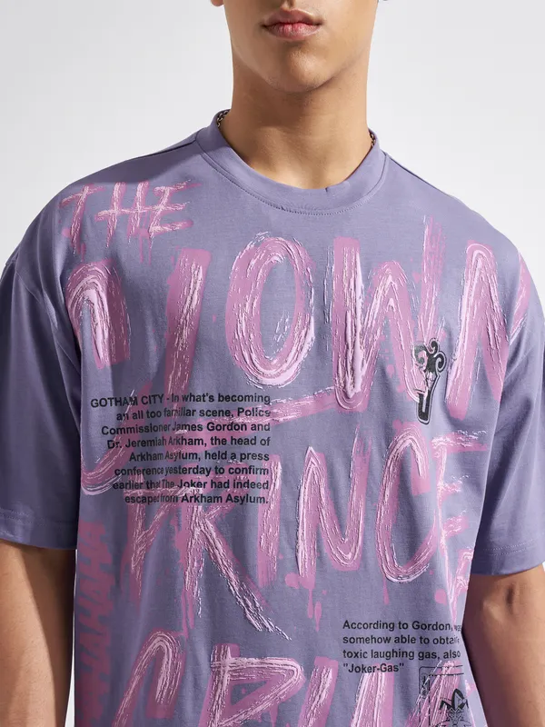 WB By Highlander Men Purple Joker Printed Round Neck Oversized Fit T-Shirt