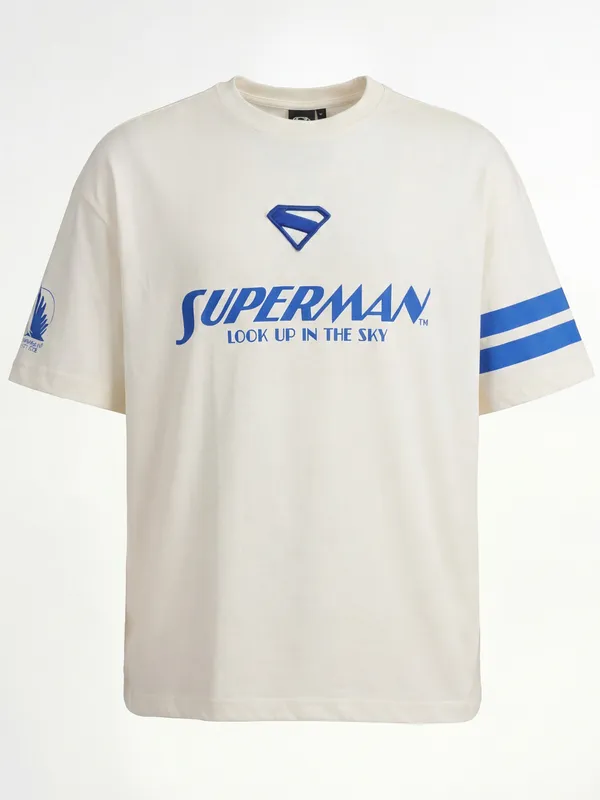 DC By Highlander Men Cream Superman Printed Round Neck Oversized Fit T-Shirt