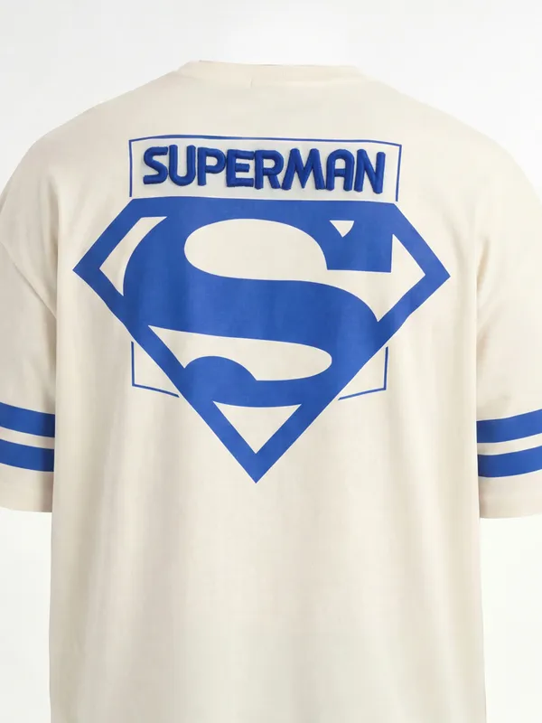 DC By Highlander Men Cream Superman Printed Round Neck Oversized Fit T-Shirt
