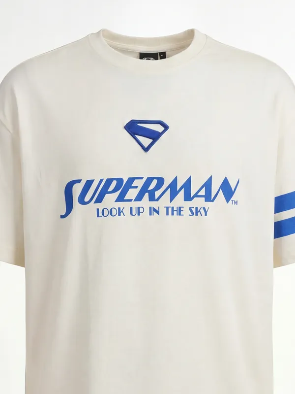 DC By Highlander Men Cream Superman Printed Round Neck Oversized Fit T-Shirt