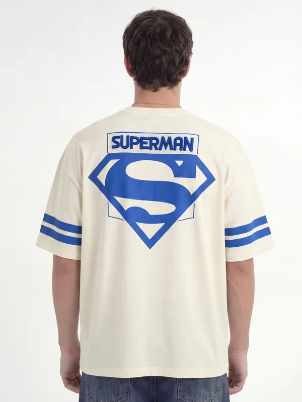 DC By Highlander Men Cream Superman Printed Round Neck Oversized Fit T-Shirt