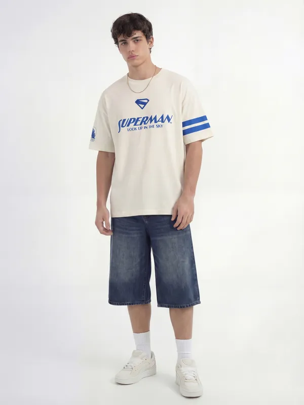 DC By Highlander Men Cream Superman Printed Round Neck Oversized Fit T-Shirt