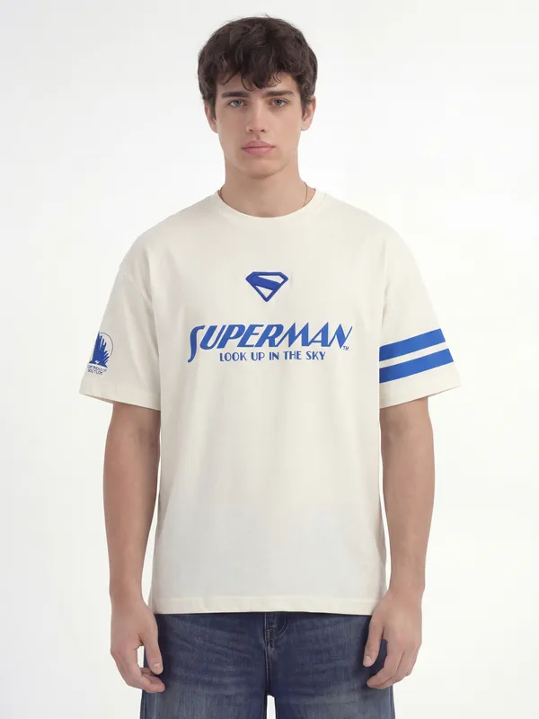 DC By Highlander Men Cream Superman Printed Round Neck Oversized Fit T-Shirt