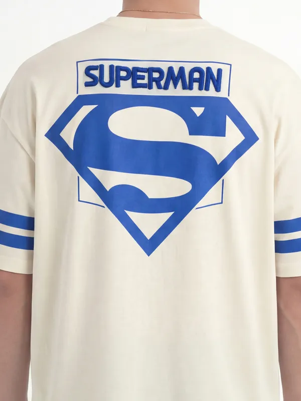 DC By Highlander Men Cream Superman Printed Round Neck Oversized Fit T-Shirt