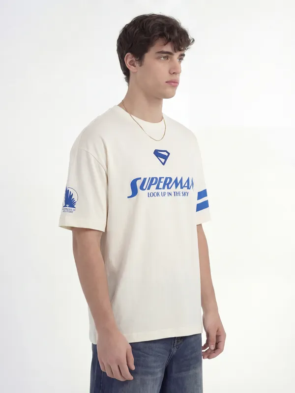 DC By Highlander Men Cream Superman Printed Round Neck Oversized Fit T-Shirt