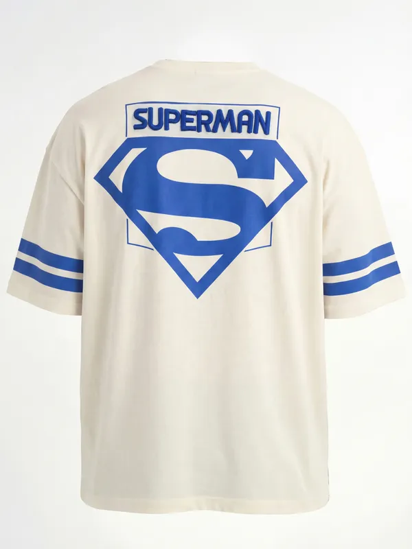 DC By Highlander Men Cream Superman Printed Round Neck Oversized Fit T-Shirt