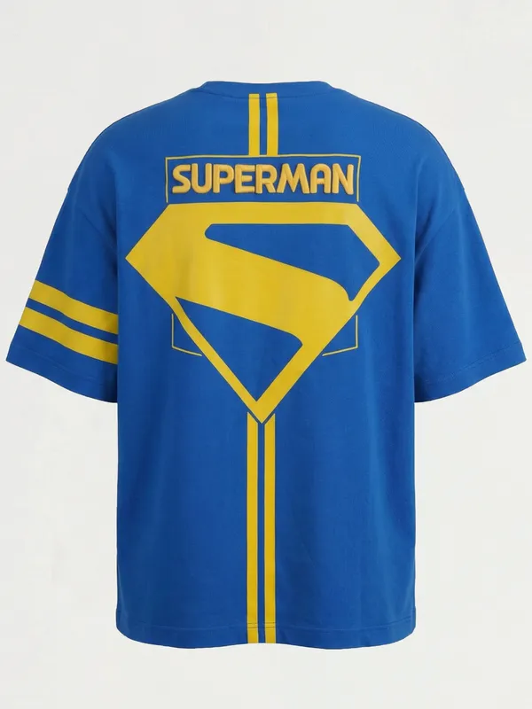 DC By Highlander Men Blue Superman Printed Round Neck Oversized Fit T-Shirt