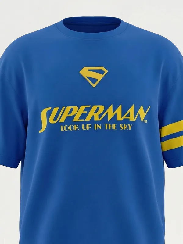 DC By Highlander Men Blue Superman Printed Round Neck Oversized Fit T-Shirt