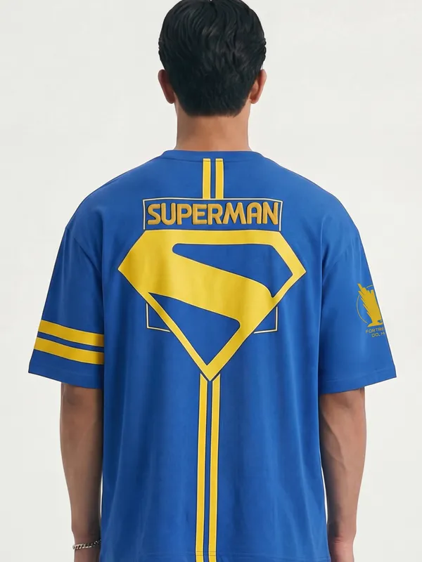 DC By Highlander Men Blue Superman Printed Round Neck Oversized Fit T-Shirt