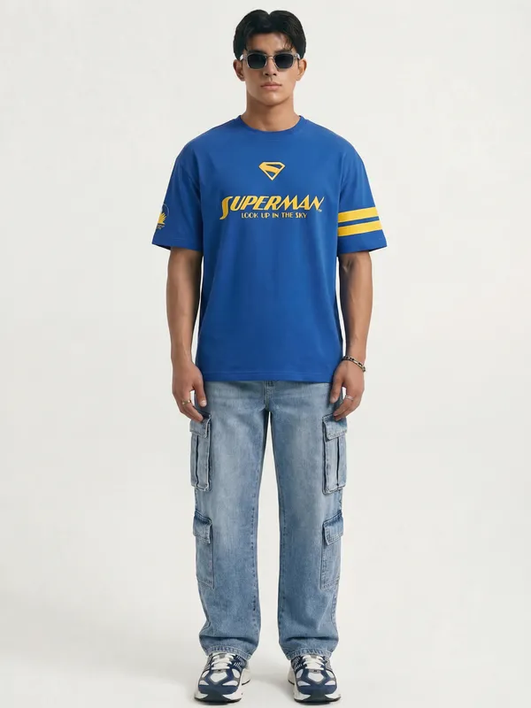 DC By Highlander Men Blue Superman Printed Round Neck Oversized Fit T-Shirt