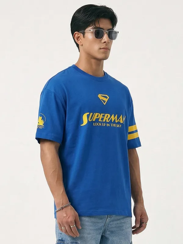 DC By Highlander Men Blue Superman Printed Round Neck Oversized Fit T-Shirt