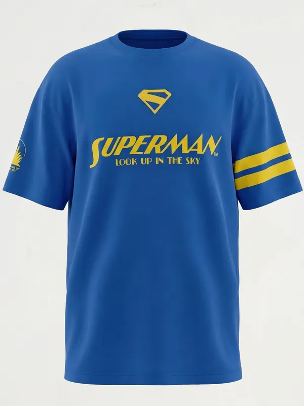 DC By Highlander Men Blue Superman Printed Round Neck Oversized Fit T-Shirt