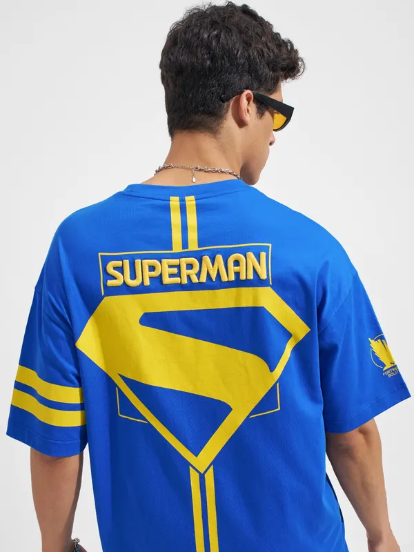 DC By Highlander Men Blue Superman Printed Round Neck Oversized Fit T-Shirt