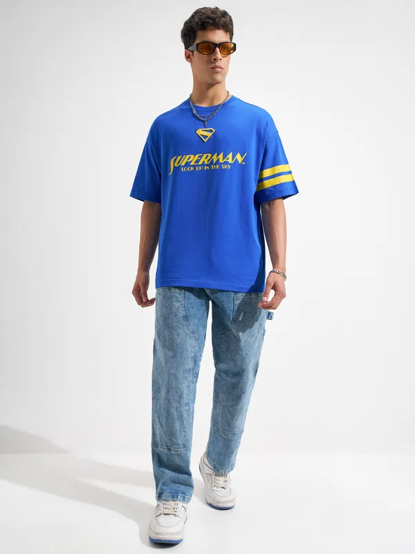 DC By Highlander Men Blue Superman Printed Round Neck Oversized Fit T-Shirt