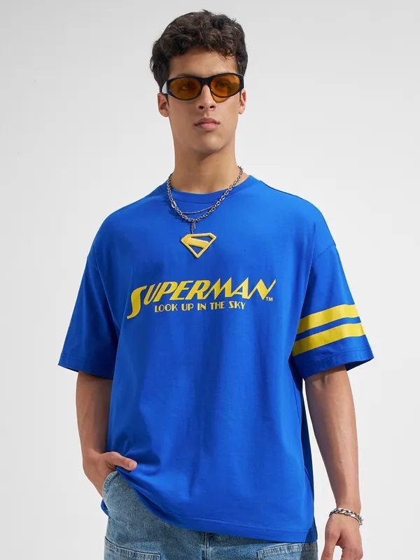 DC By Highlander Men Blue Superman Printed Round Neck Oversized Fit T-Shirt