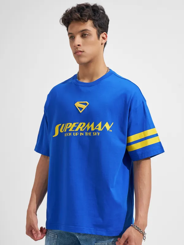 DC By Highlander Men Blue Superman Printed Round Neck Oversized Fit T-Shirt